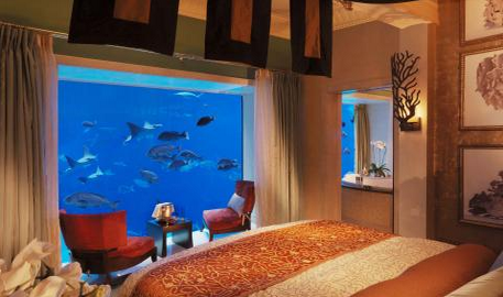 a room with fish tank and a bed