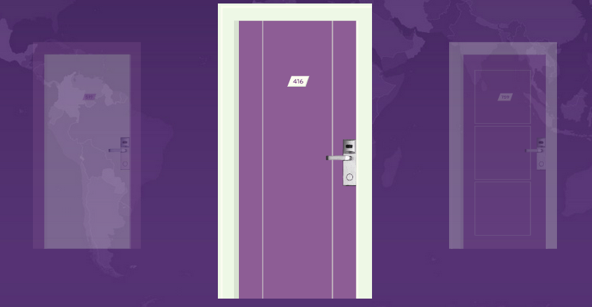 a purple door with a white frame