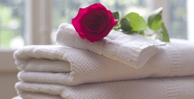 a rose on a stack of towels