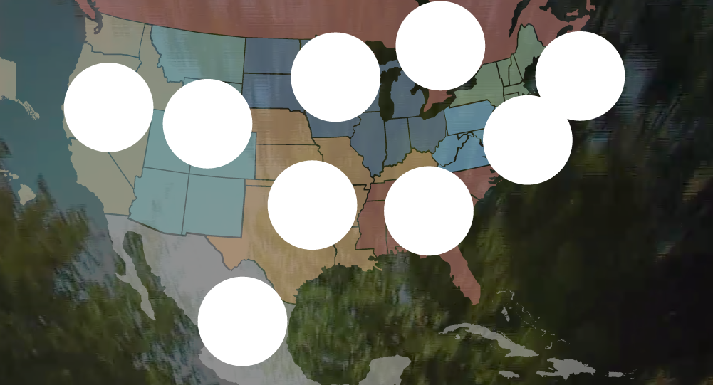 a map of the united states with white circles
