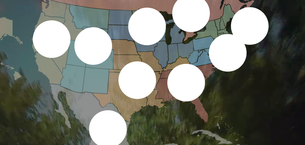a map of the united states with white circles