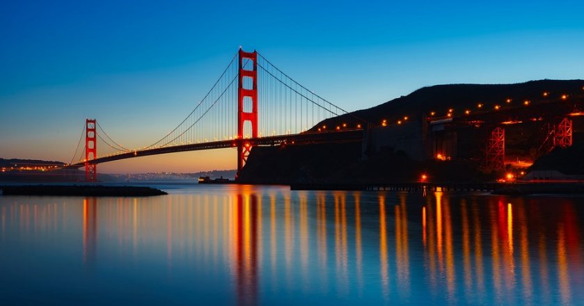 Golden Gate Bridge over water at night