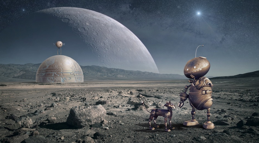 a robot standing on a planet